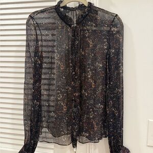 Elie Tahari Silk Sheer Black Floral Button Up Blouse